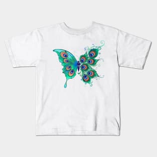 Butterfly with Green Peacock Feathers Kids T-Shirt